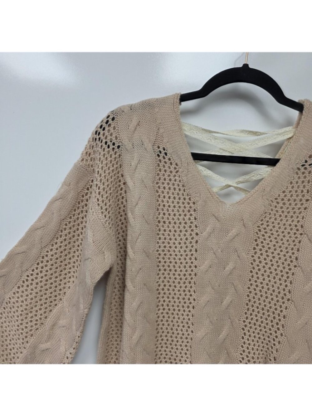 Kori America Sweater Womens M/L Beige Cable Knit V Neck Lace Up Back Pullover - Picture 2 of 9